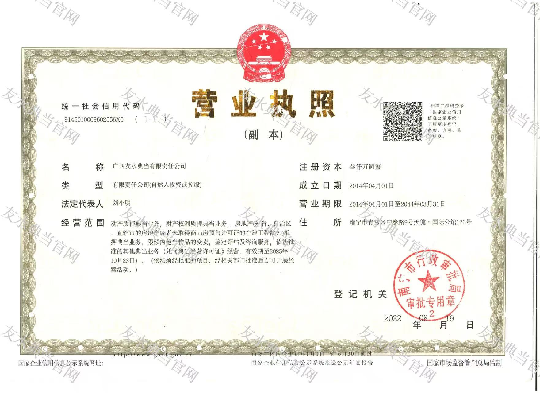 广西友水典当有限责任公司营业执照